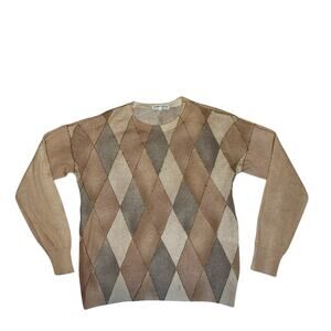 Balmain Vendome Women's Argyle Diamond Crew Neck Wool Sweater Brown Beige 4 US M